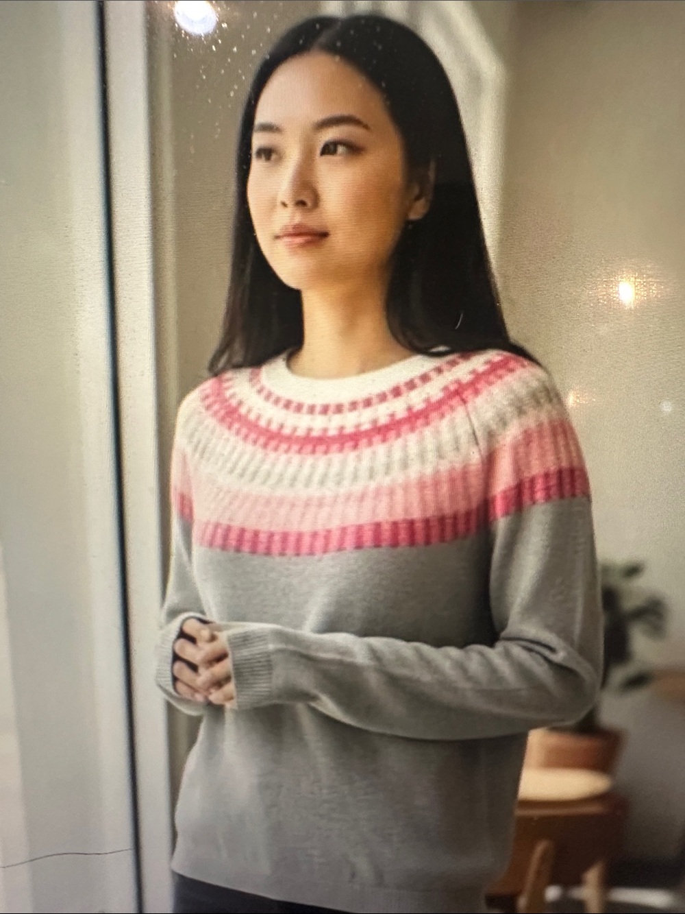 Talbots Gray Sweater with Pink Fair Isle Yoke, size medium, new